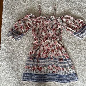 Angie Women's Smocked Bodice Cold Shoulder Dress Floral Small Adjustable Straps